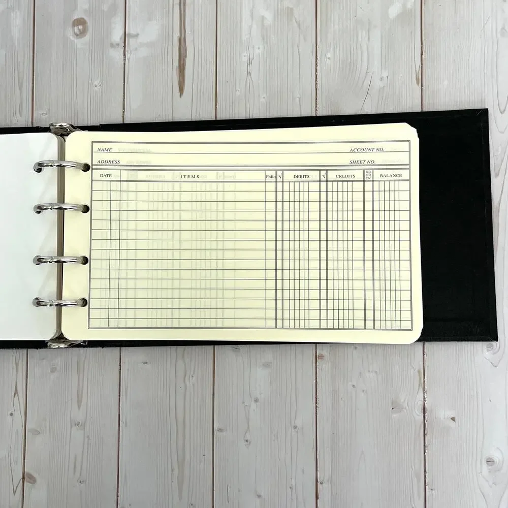 Vintage Black Hardcover 4-Ring Ledger Binder with Dividers and 84 Ledger Pages
